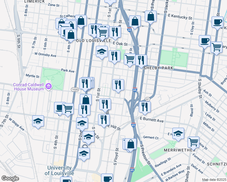 map of restaurants, bars, coffee shops, grocery stores, and more near 220 Woodbine Street in Louisville