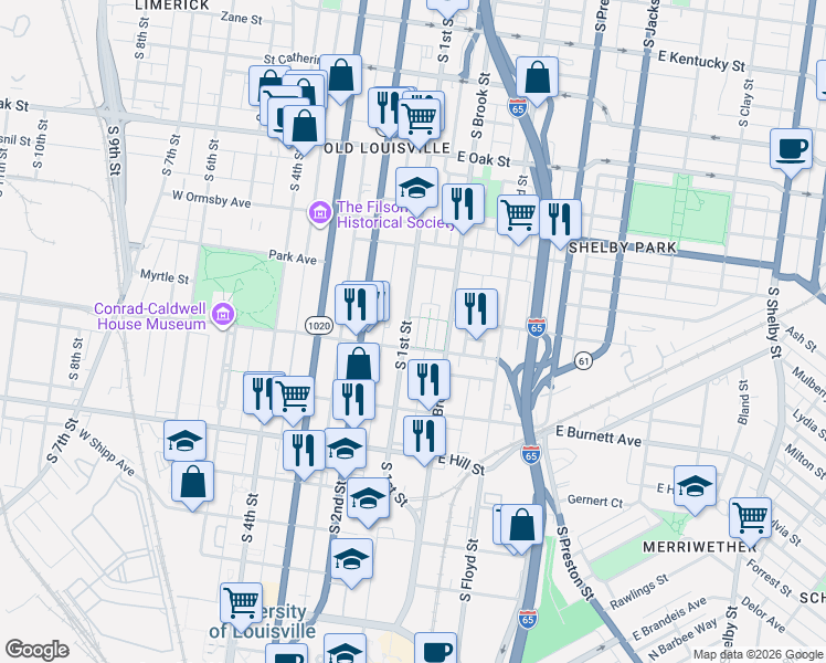 map of restaurants, bars, coffee shops, grocery stores, and more near 1392 South 1st Street in Louisville