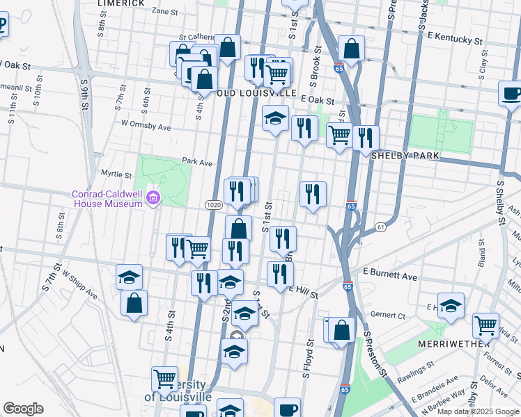 map of restaurants, bars, coffee shops, grocery stores, and more near 1392 South 1st Street in Louisville