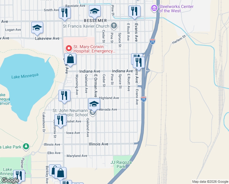 map of restaurants, bars, coffee shops, grocery stores, and more near 2219 Spruce Street in Pueblo