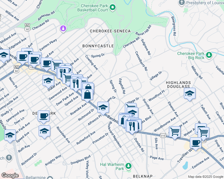 map of restaurants, bars, coffee shops, grocery stores, and more near 1900 Spring Drive in Louisville