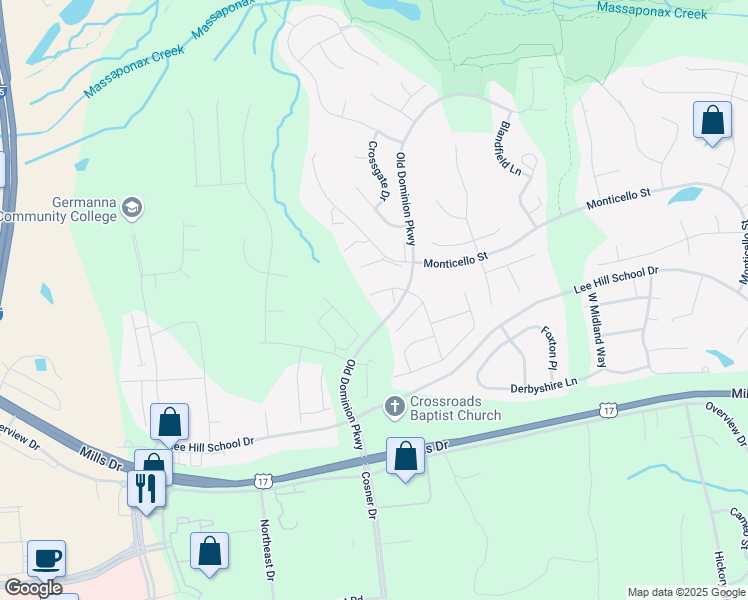 map of restaurants, bars, coffee shops, grocery stores, and more near 9710 Becker Court in Fredericksburg