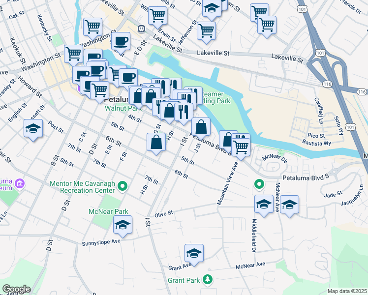 map of restaurants, bars, coffee shops, grocery stores, and more near 417 I Street in Petaluma