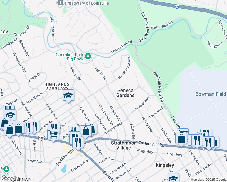 map of restaurants, bars, coffee shops, grocery stores, and more near 2534 Woodcreek Road in Louisville