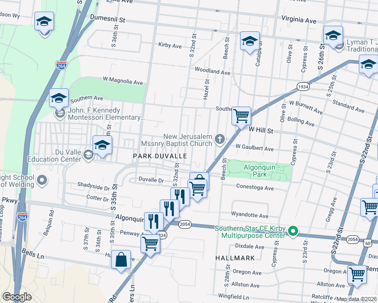 map of restaurants, bars, coffee shops, grocery stores, and more near 1614 South 31st Street in Louisville