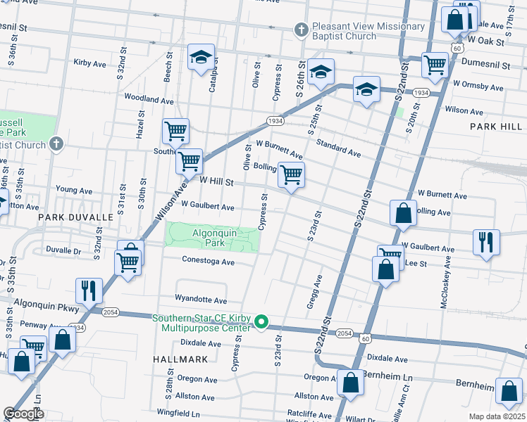 map of restaurants, bars, coffee shops, grocery stores, and more near Cypress Street in Louisville
