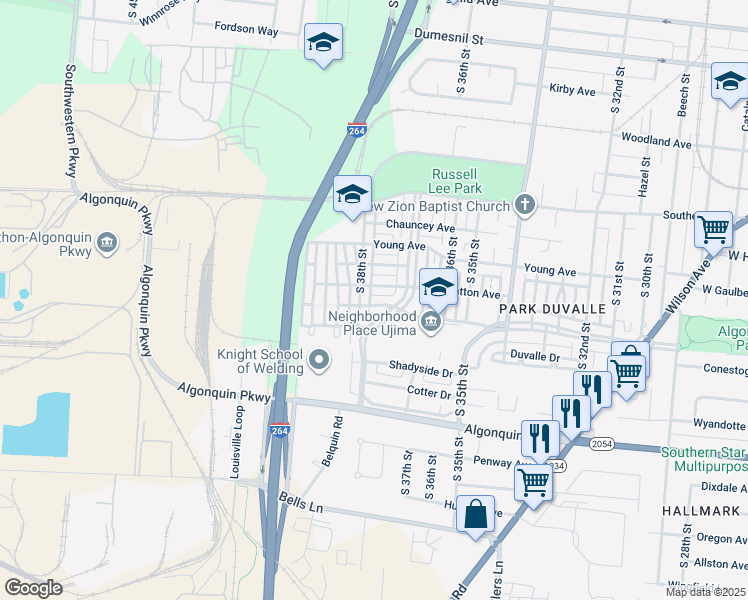map of restaurants, bars, coffee shops, grocery stores, and more near 3713 Bohne Avenue in Louisville