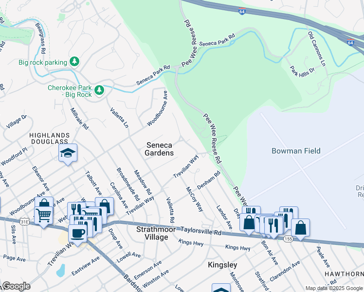 map of restaurants, bars, coffee shops, grocery stores, and more near 2504 Seneca Valley Road in Louisville