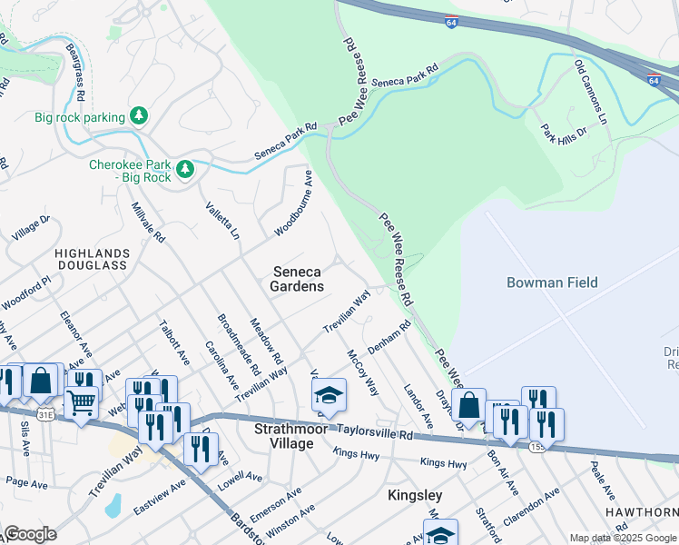 map of restaurants, bars, coffee shops, grocery stores, and more near 2504 Seneca Valley Road in Louisville
