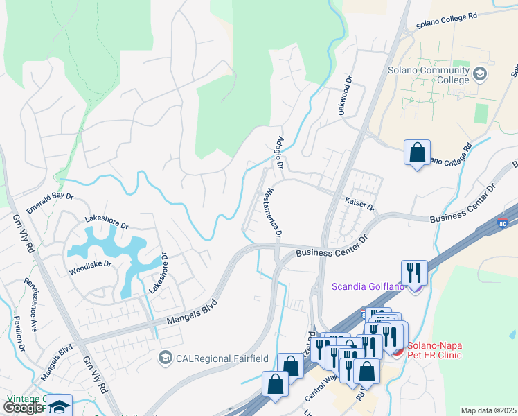 map of restaurants, bars, coffee shops, grocery stores, and more near 4652 Opal Court in Fairfield