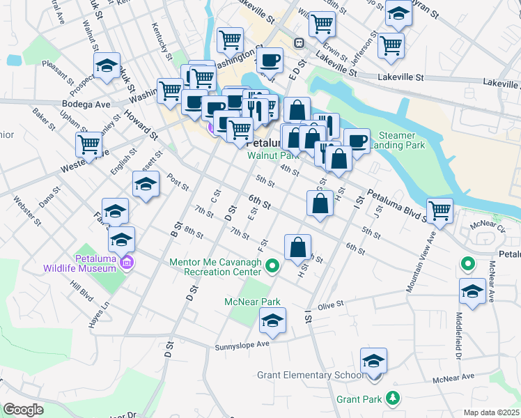 map of restaurants, bars, coffee shops, grocery stores, and more near 312 6th Street in Petaluma