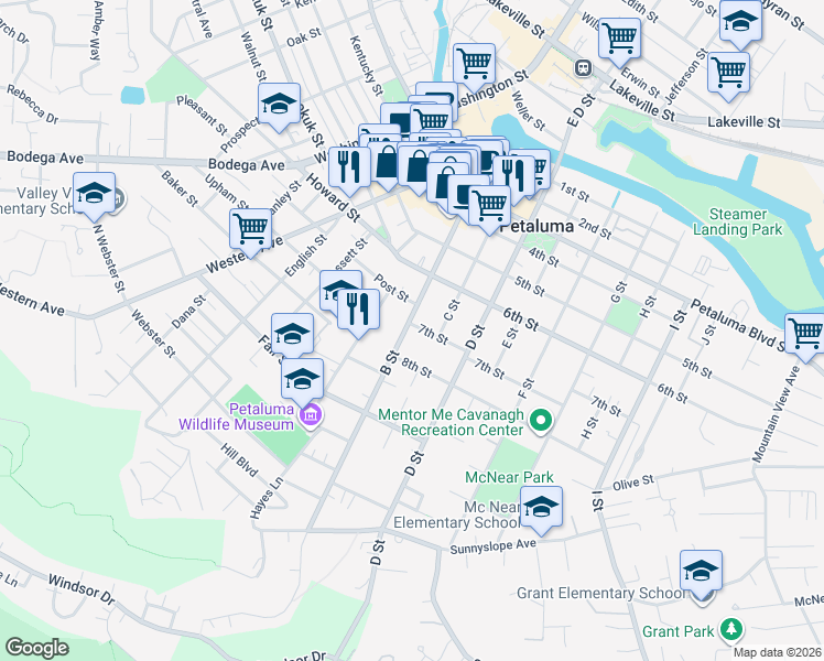 map of restaurants, bars, coffee shops, grocery stores, and more near 707 B Street in Petaluma