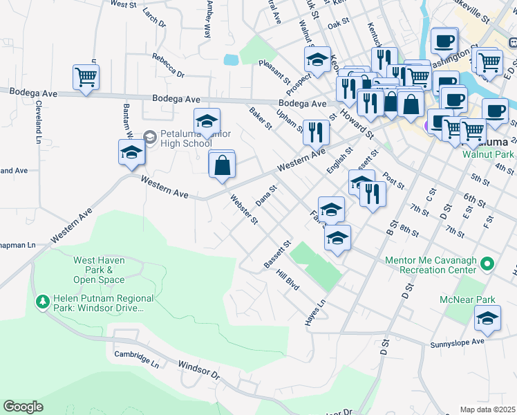 map of restaurants, bars, coffee shops, grocery stores, and more near 427 Broadway Street in Petaluma