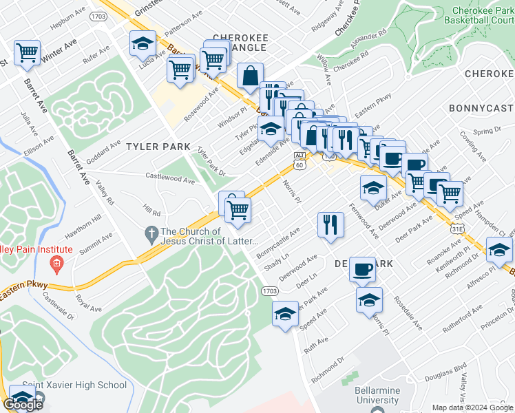map of restaurants, bars, coffee shops, grocery stores, and more near 1635 Jaeger Avenue in Louisville