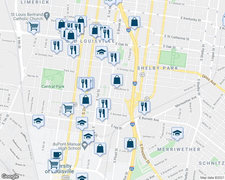 map of restaurants, bars, coffee shops, grocery stores, and more near 1374 South Brook Street in Louisville