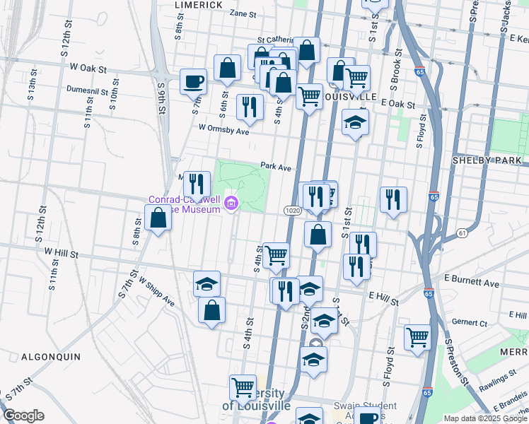 map of restaurants, bars, coffee shops, grocery stores, and more near 1401 South 4th Street in Louisville
