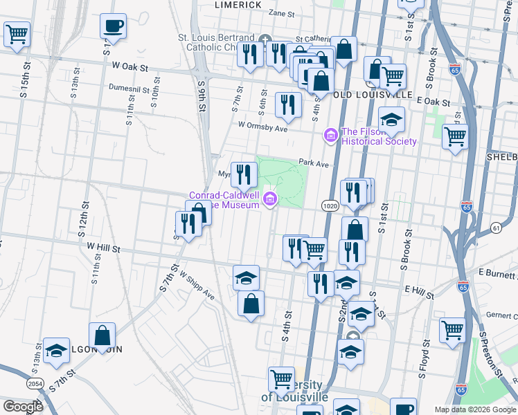 map of restaurants, bars, coffee shops, grocery stores, and more near 518 West Magnolia Avenue in Louisville