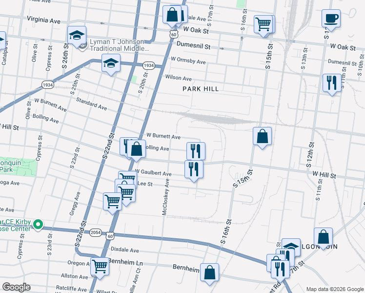 map of restaurants, bars, coffee shops, grocery stores, and more near 1739 Bolling Avenue in Louisville
