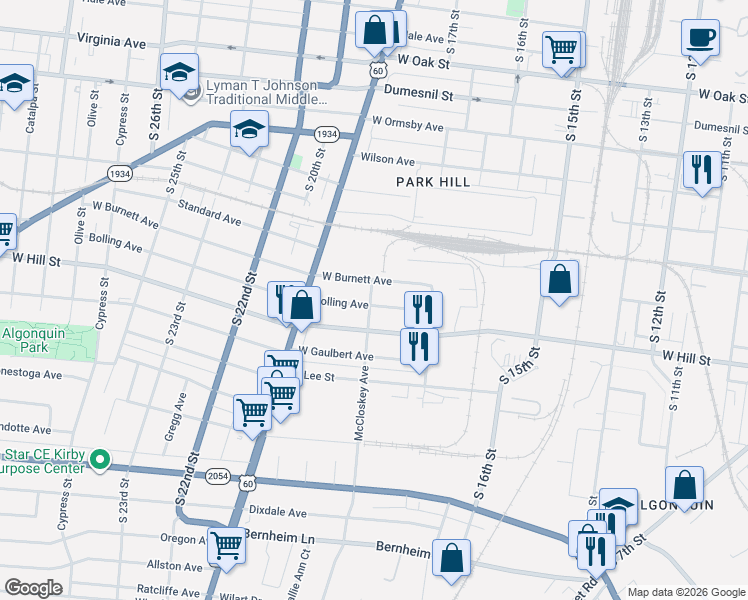 map of restaurants, bars, coffee shops, grocery stores, and more near 1739 Bolling Avenue in Louisville