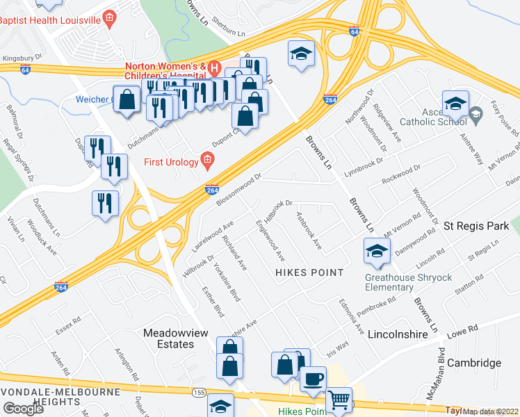 map of restaurants, bars, coffee shops, grocery stores, and more near 4102 Laurelwood Avenue in Louisville