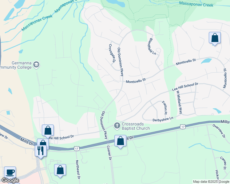 map of restaurants, bars, coffee shops, grocery stores, and more near 9608 Becker Court in Fredericksburg