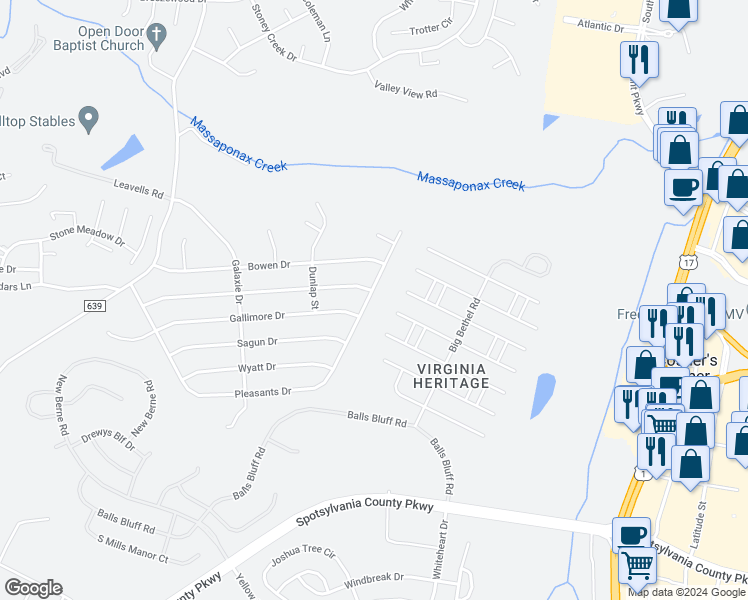 map of restaurants, bars, coffee shops, grocery stores, and more near 614 Pleasants Drive in Fredericksburg