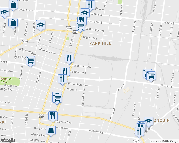 map of restaurants, bars, coffee shops, grocery stores, and more near 1739 Bolling Ave in Louisville