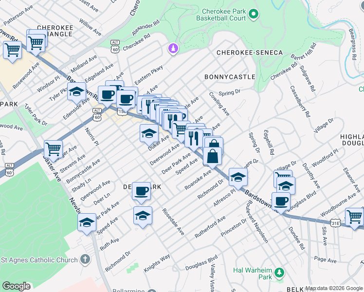 map of restaurants, bars, coffee shops, grocery stores, and more near 1722 Bardstown Road in Louisville