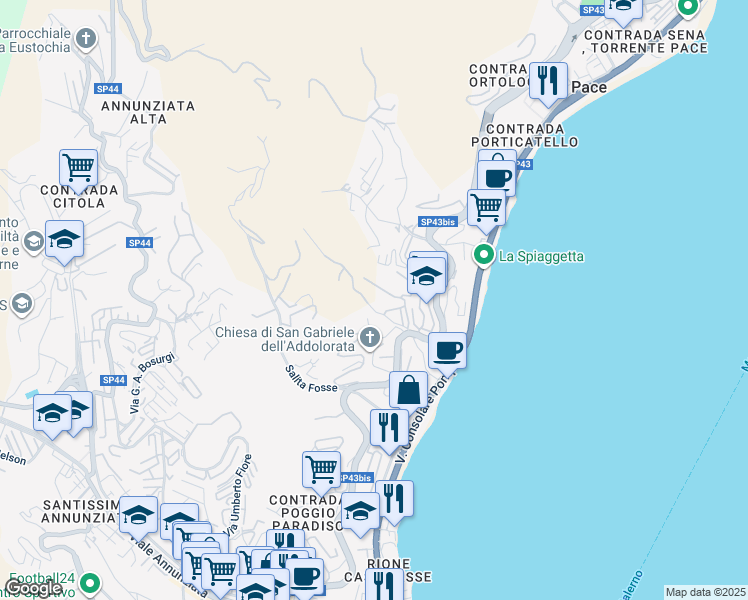 map of restaurants, bars, coffee shops, grocery stores, and more near Località Paradiso in Messina