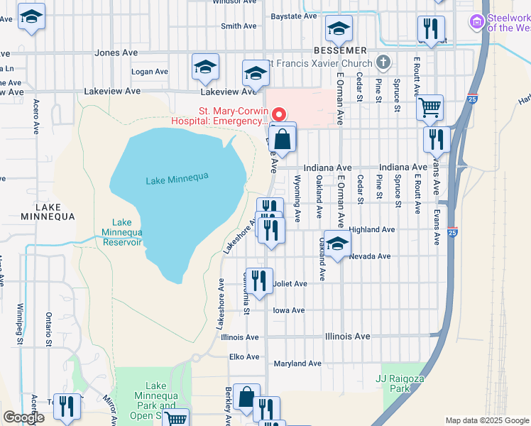 map of restaurants, bars, coffee shops, grocery stores, and more near 2201 Lakeshore Avenue in Pueblo