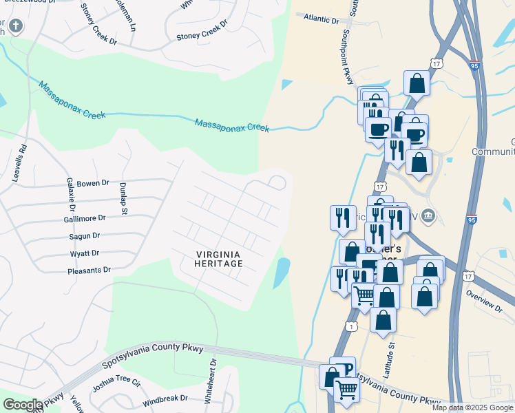 map of restaurants, bars, coffee shops, grocery stores, and more near 10204 Doles Drive in Fredericksburg