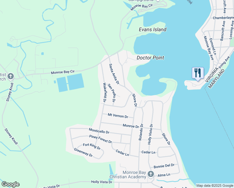 map of restaurants, bars, coffee shops, grocery stores, and more near 15 San Jose Drive in Colonial Beach