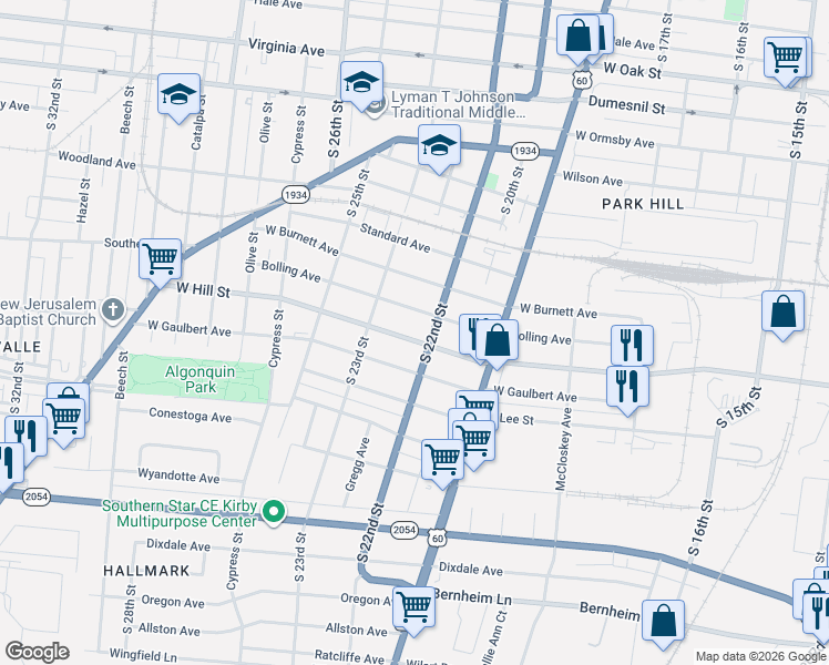 map of restaurants, bars, coffee shops, grocery stores, and more near 2122 West Hill Street in Louisville
