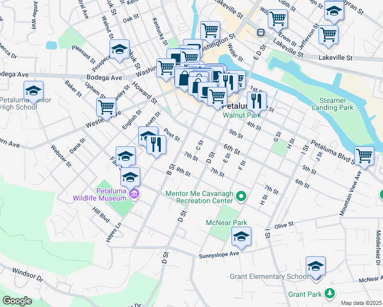 map of restaurants, bars, coffee shops, grocery stores, and more near 700 D Street in Petaluma