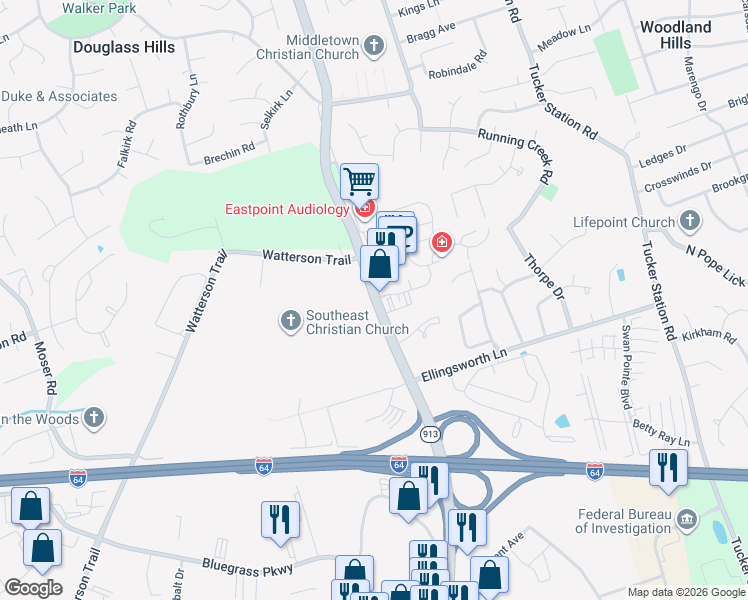 map of restaurants, bars, coffee shops, grocery stores, and more near 820 Blankenbaker Parkway in Middletown