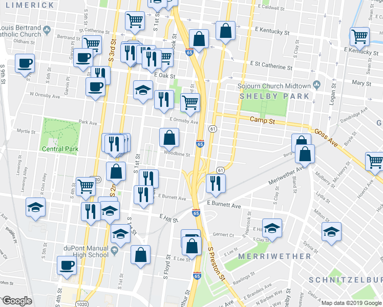 map of restaurants, bars, coffee shops, grocery stores, and more near 1361 South Floyd Street in Louisville