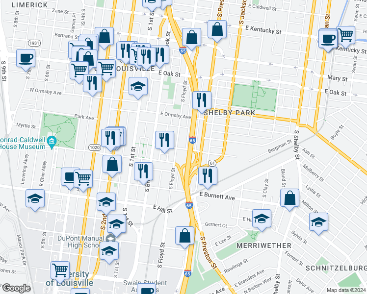 map of restaurants, bars, coffee shops, grocery stores, and more near 1361 South Floyd Street in Louisville
