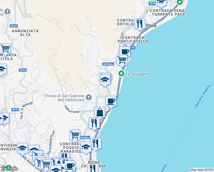 map of restaurants, bars, coffee shops, grocery stores, and more near 56 Strada Panoramica dello Stretto in Messina