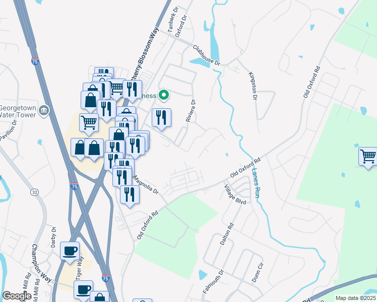 map of restaurants, bars, coffee shops, grocery stores, and more near 244 Ikebana Drive in Georgetown