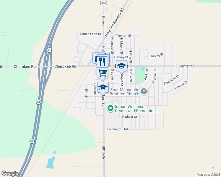 map of restaurants, bars, coffee shops, grocery stores, and more near 308 South Locust Street in Inman