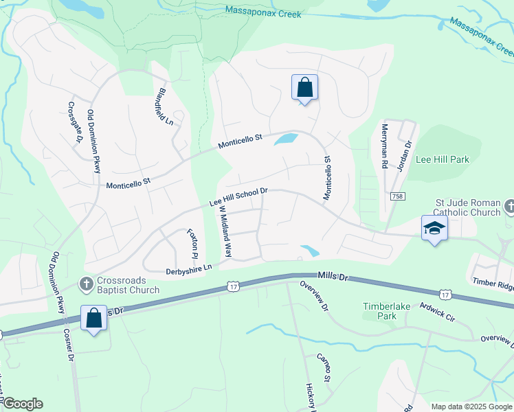 map of restaurants, bars, coffee shops, grocery stores, and more near 9901 Warwick Place in Fredericksburg