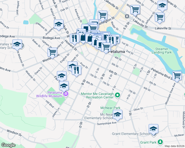 map of restaurants, bars, coffee shops, grocery stores, and more near 707 B Street in Petaluma