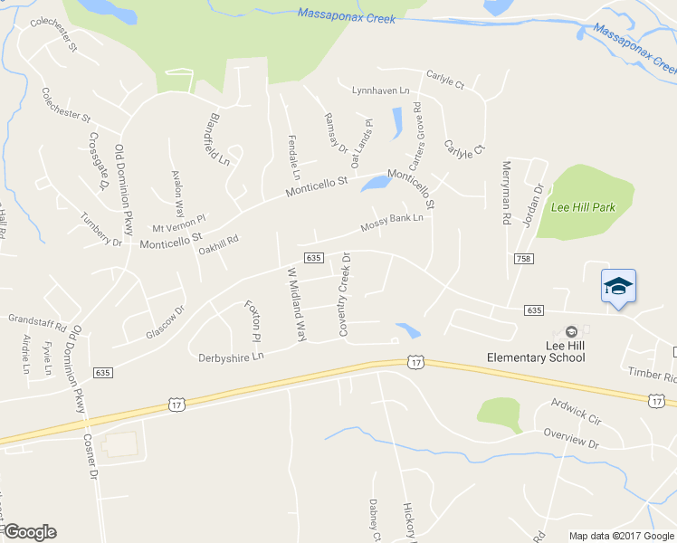 map of restaurants, bars, coffee shops, grocery stores, and more near 9901 Warwick Place in Fredericksburg