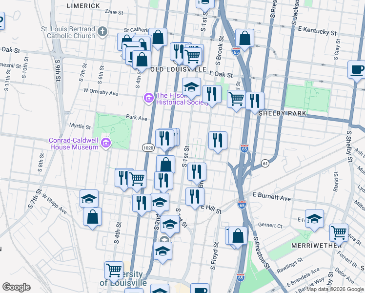 map of restaurants, bars, coffee shops, grocery stores, and more near 1382 South 1st Street in Louisville