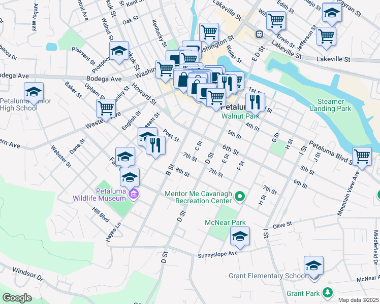 map of restaurants, bars, coffee shops, grocery stores, and more near 700 D Street in Petaluma