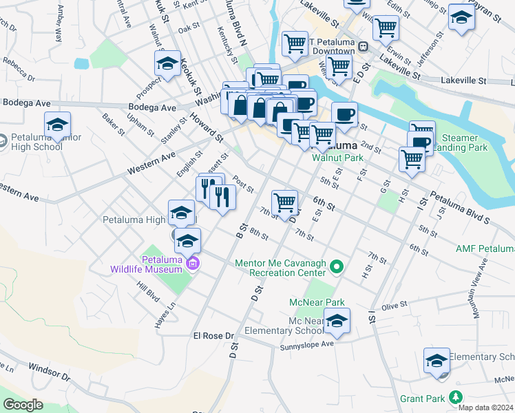 map of restaurants, bars, coffee shops, grocery stores, and more near 707 B Street in Petaluma