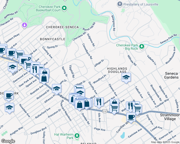 map of restaurants, bars, coffee shops, grocery stores, and more near 2208 Lauderdale Road in Louisville