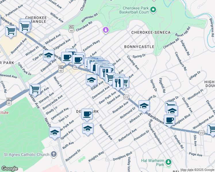 map of restaurants, bars, coffee shops, grocery stores, and more near 1935 Deerwood Avenue in Louisville