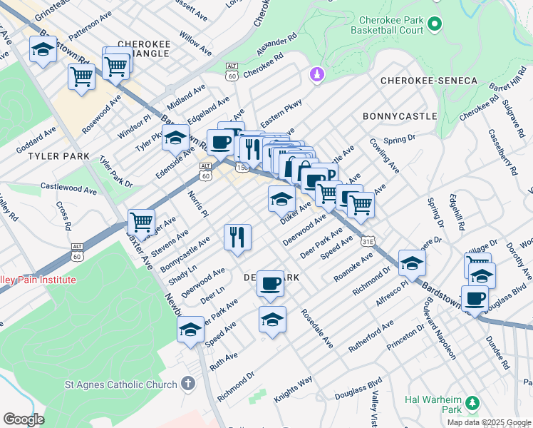 map of restaurants, bars, coffee shops, grocery stores, and more near 1622 Fernwood Avenue in Louisville