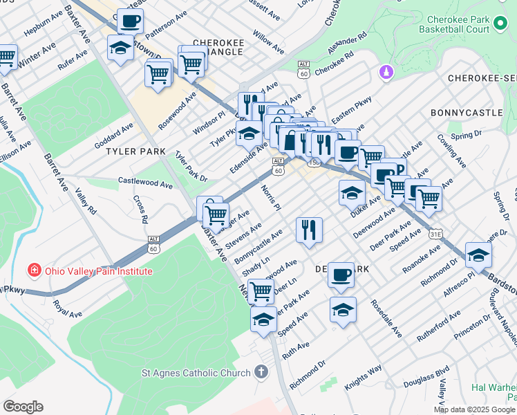 map of restaurants, bars, coffee shops, grocery stores, and more near 1542 Quadrant Avenue in Louisville